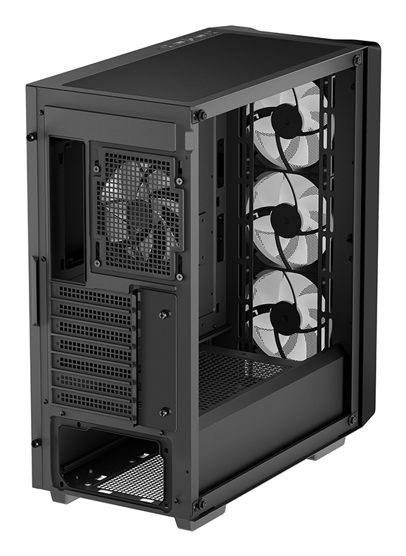 Case per computer nero con tre ventole bianche visibili sul lato destro.