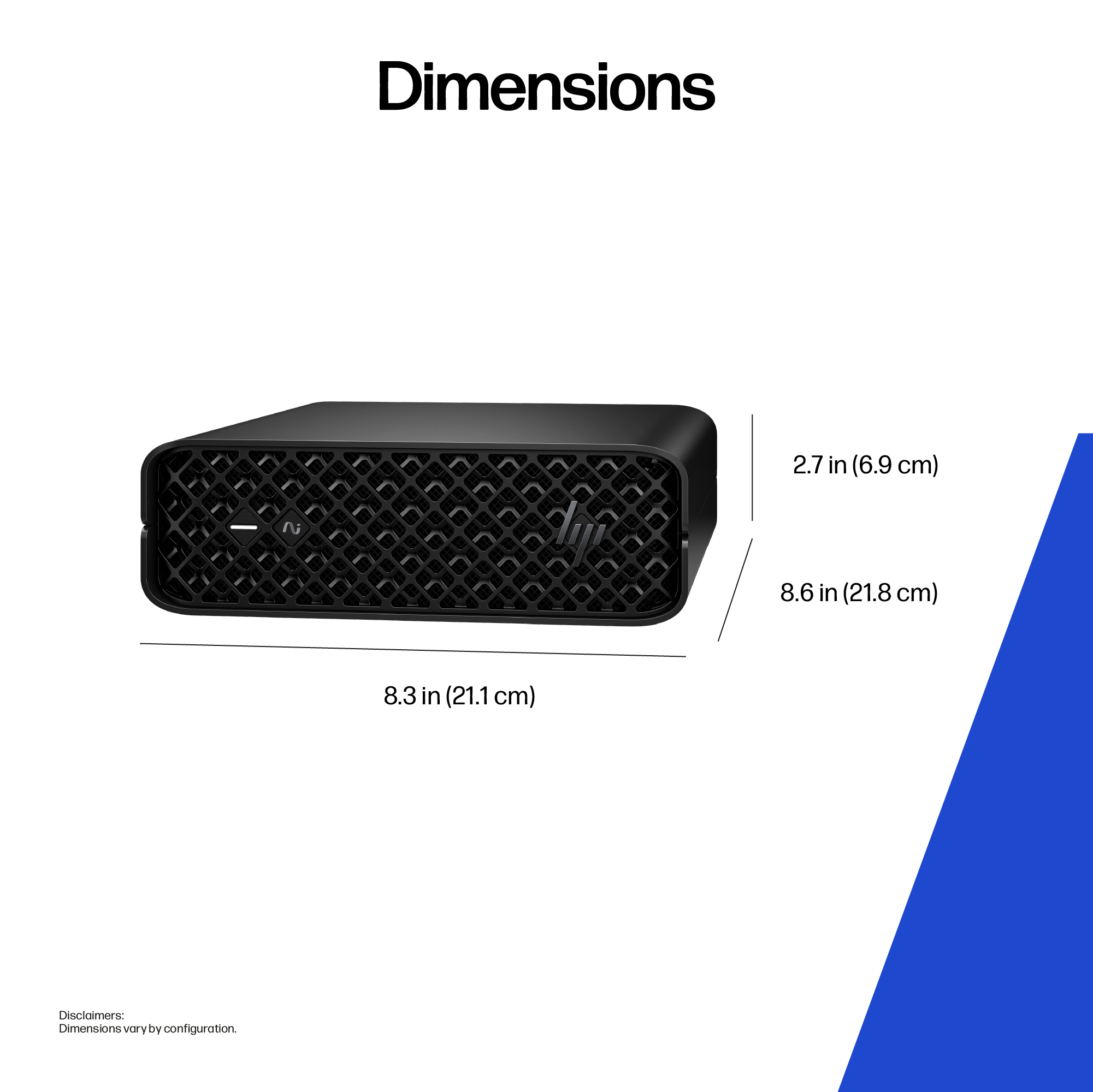 Mini PC nero con dimensioni 8,3x2,7x8,6 pollici. Pulsante di accensione e griglia.