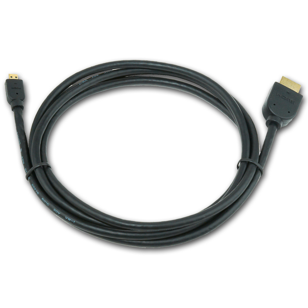 Een zwarte HDMI-kabel met micro-HDMI en standaard HDMI-connectoren, opgerold.