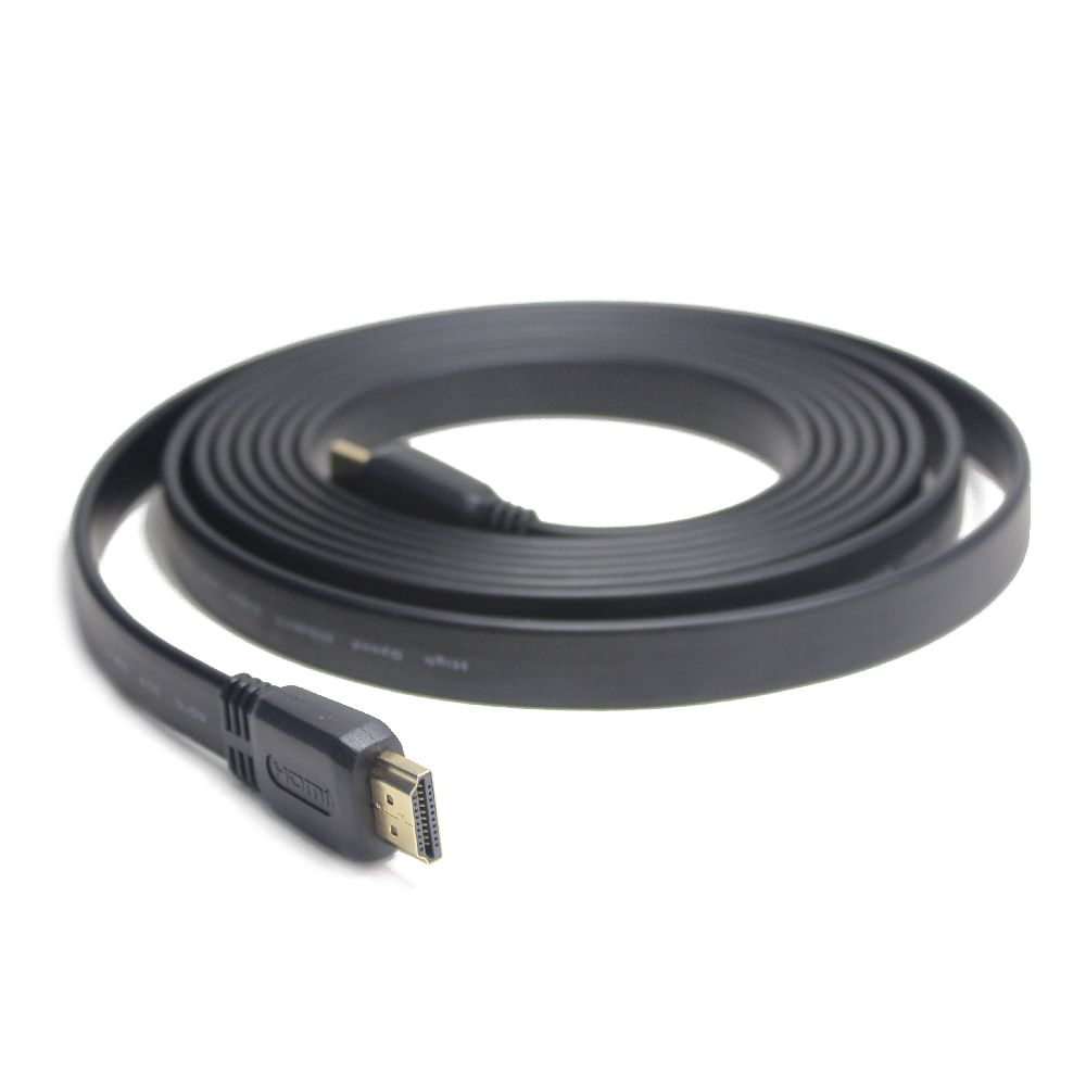 Un câble HDMI plat noir enroulé avec un connecteur visible.