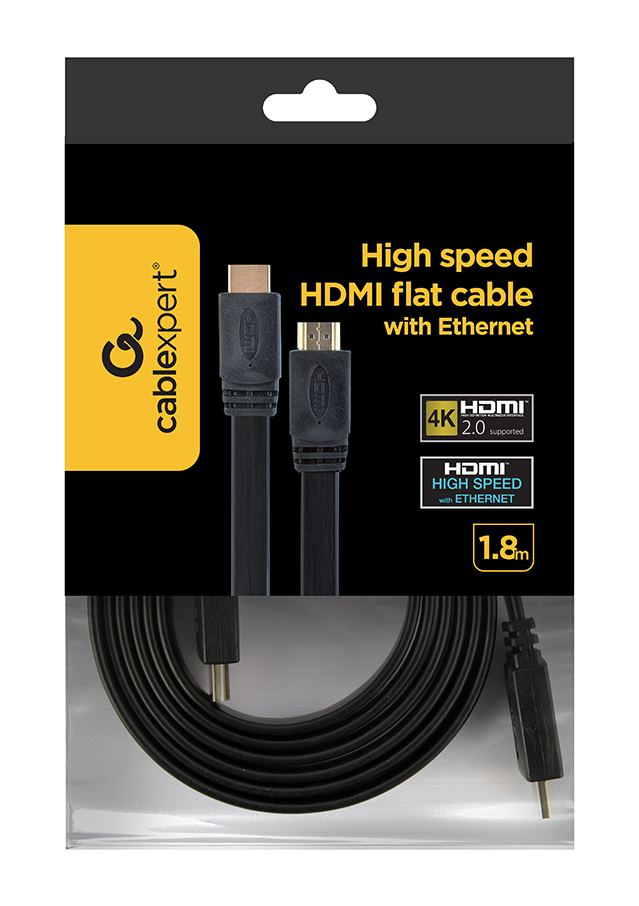 Emballage d'un câble HDMI plat noir avec Ethernet, 1,8 m.