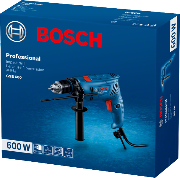 Mavi Bosch Professional GSB 600 darbeli matkap, mavi kutu üzerinde kırmızı vurgular.