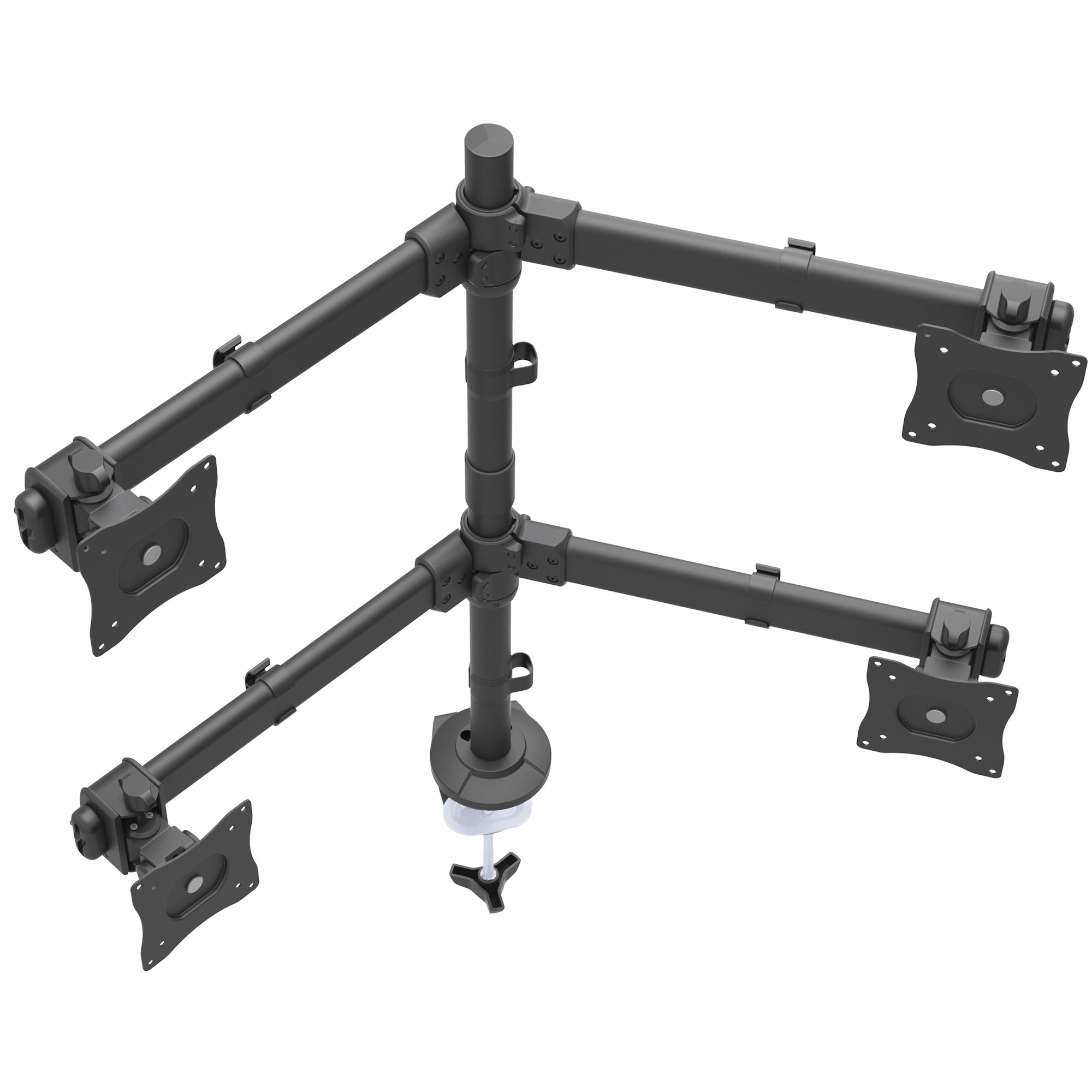 Eine schwarze Vierfach-Monitor-Schreibtischhalterung mit Klemmfuß und verstellbaren Armen.