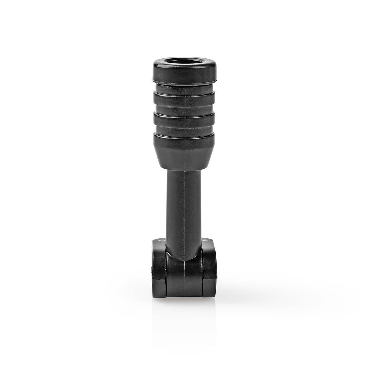 Un pezzo di plastica nero con scanalature in alto e un giunto in basso.