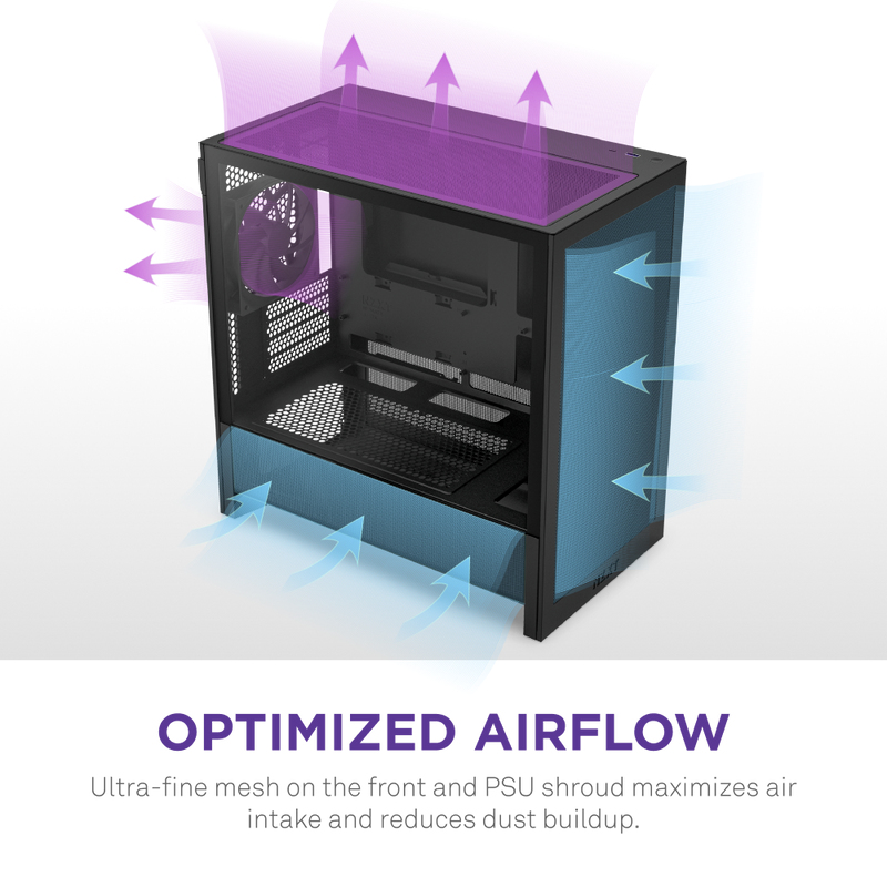 Case per computer nero con frecce blu e viola che indicano il flusso d'aria.