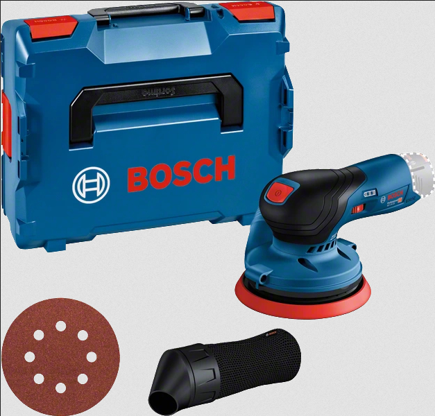 Bosch Exzenterschleifer mit blauem Koffer, Schleifpapier und Staubfangbeutel.