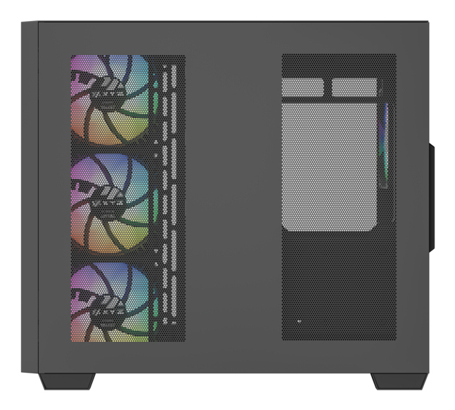 Czarna obudowa PC z trzema wentylatorami RGB po lewej i panelem siatkowym po prawej.