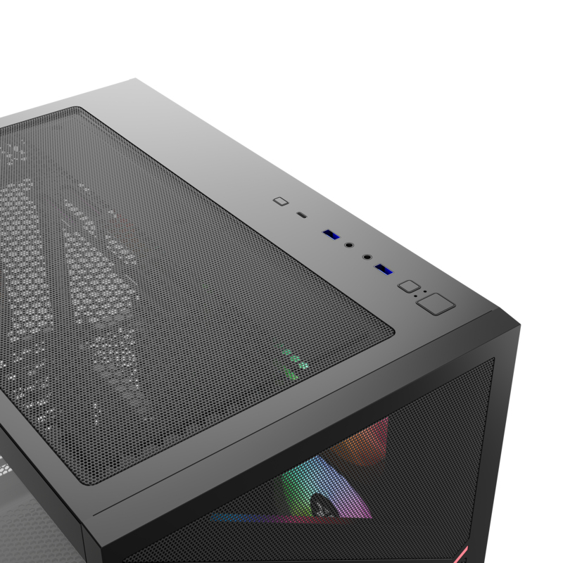 Czarna obudowa komputera z zasilaczem i wentylatorami z podświetleniem RGB.