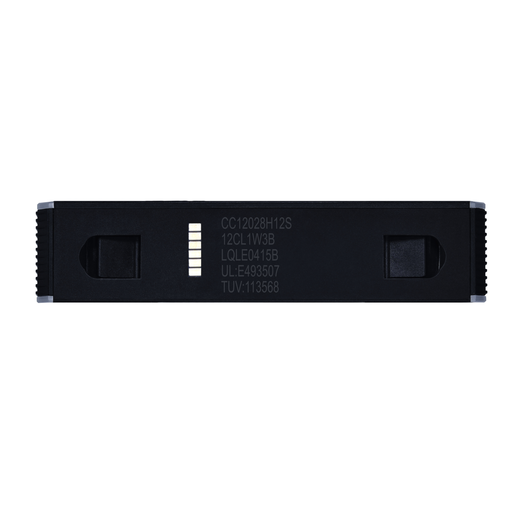 Black rectangular device with silver edges and text label.