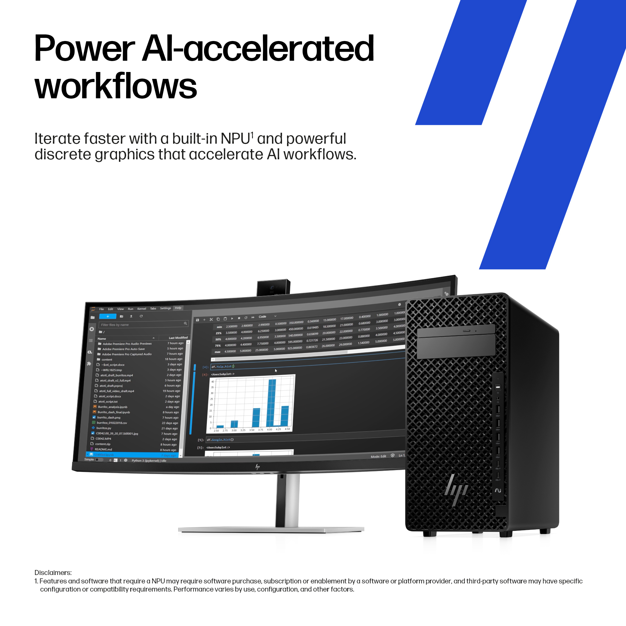 Una tower PC nera accanto a un monitor che mostra codice e grafici. Flussi di lavoro AI.