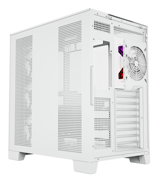 Un case per computer bianco con ventola e illuminazione RGB sul retro.