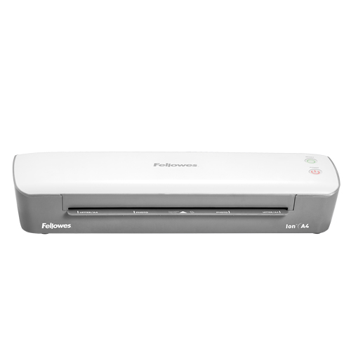 Ein weißer und grauer Fellowes-Laminator mit Strom- und Bereitschaftsanzeige.