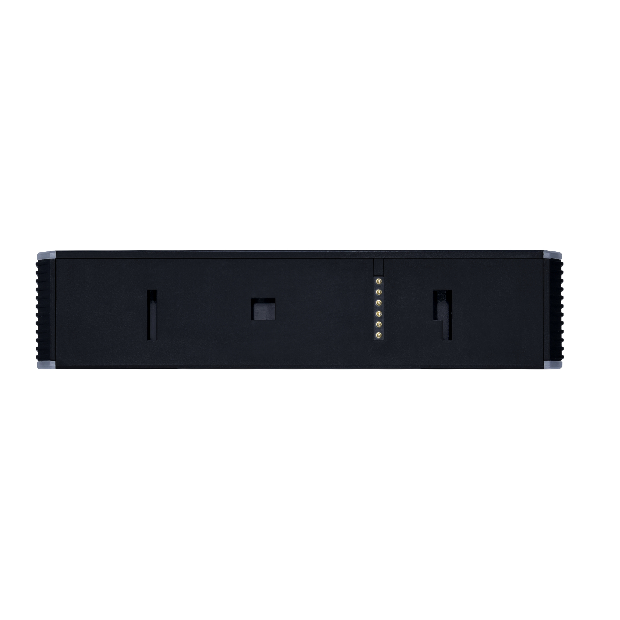 Black rectangular device with silver edges, ventilation slots, and charging ports.