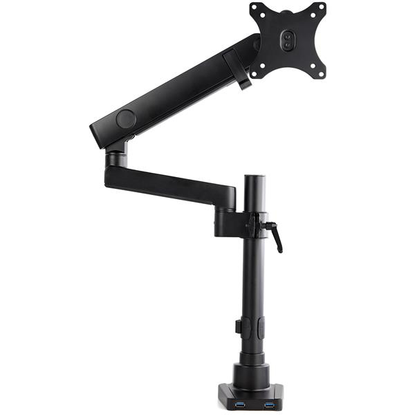 Un bras de moniteur réglable noir avec support VESA et ports USB à la base.