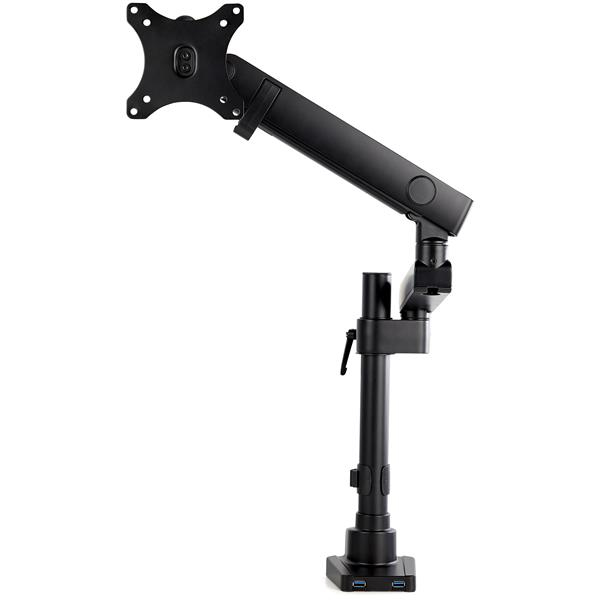 Un bras de moniteur noir avec articulations réglables et ports USB.