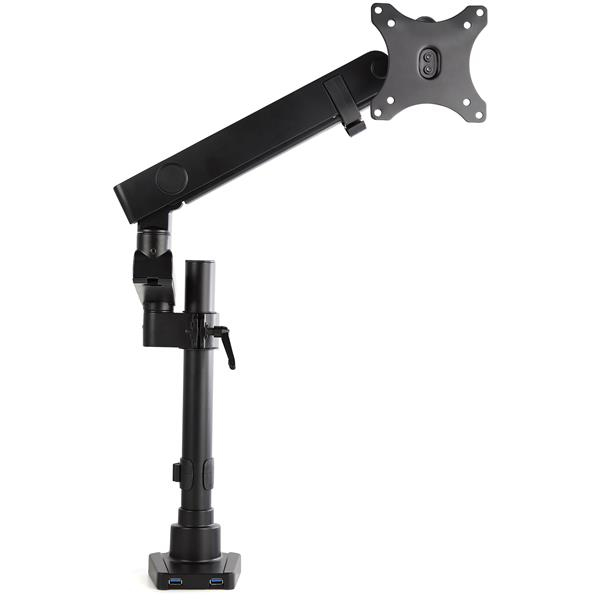 Un bras de moniteur noir avec une base et deux ports USB.