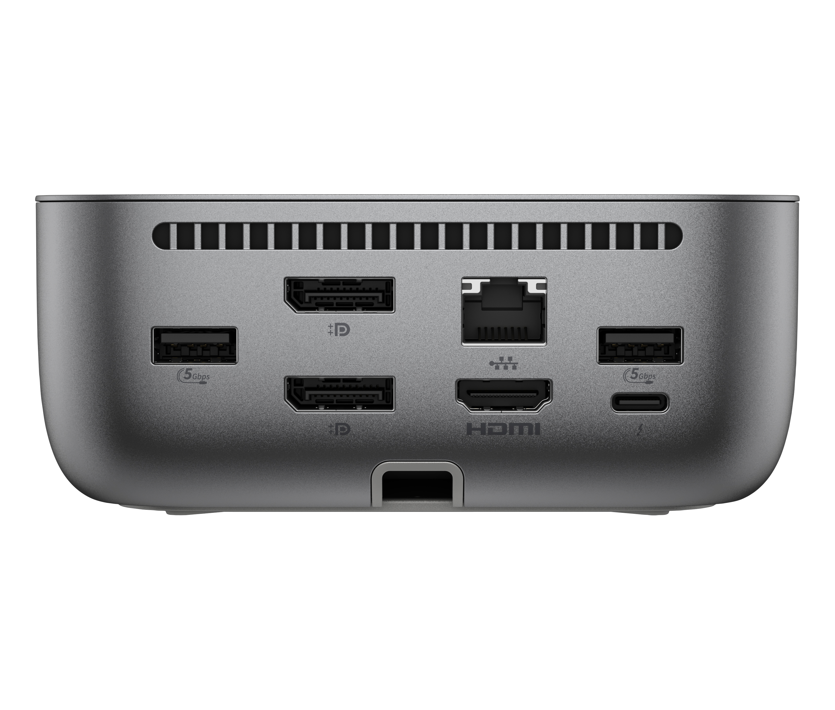 Dispositivo grigio con porte: 2x DisplayPort, 1x Ethernet, 1x HDMI, 2x USB-A, 1x USB-C.