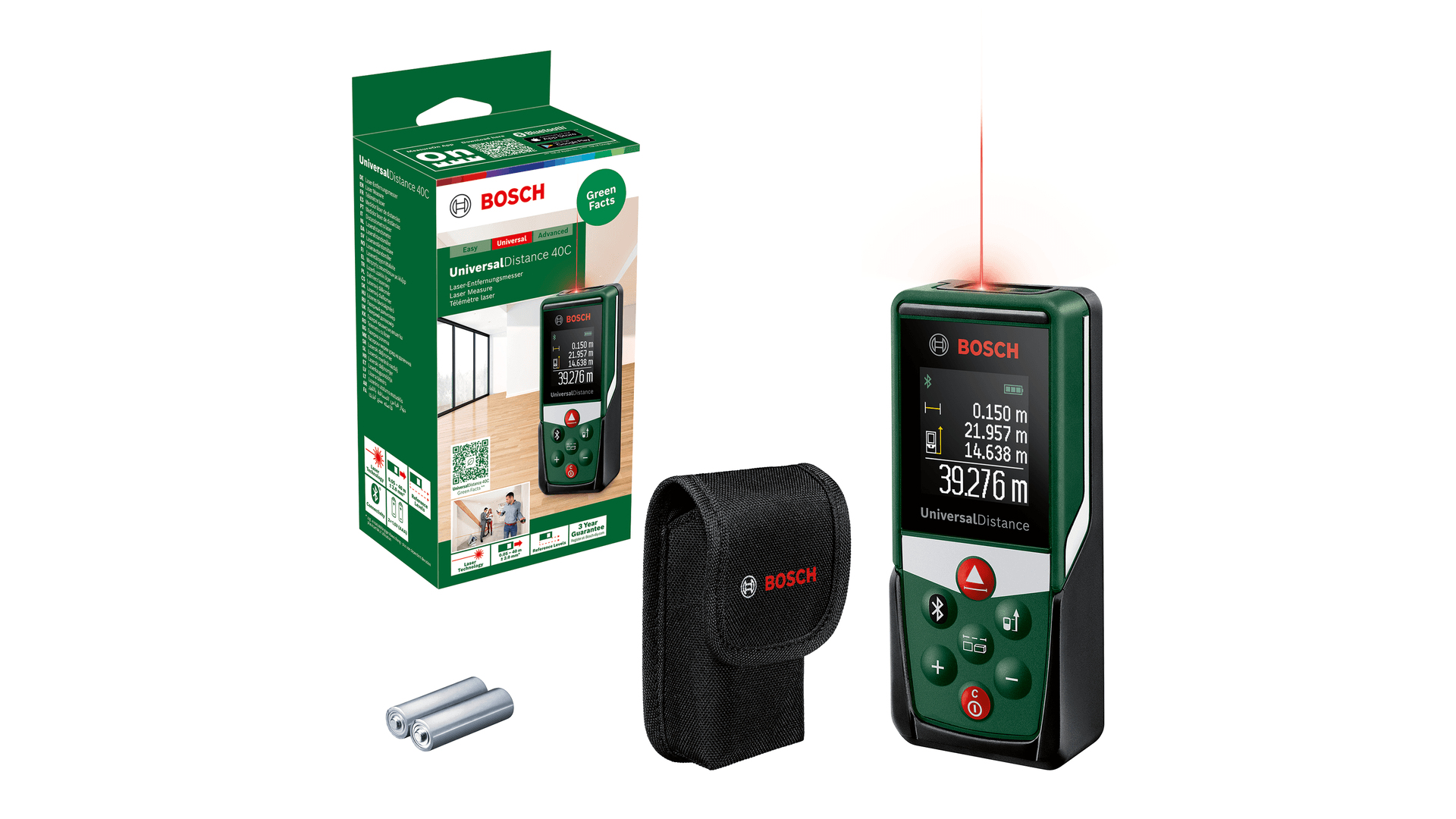 Yeşil Bosch lazer mesafe ölçer, aksesuarlar ve ambalaj ile.