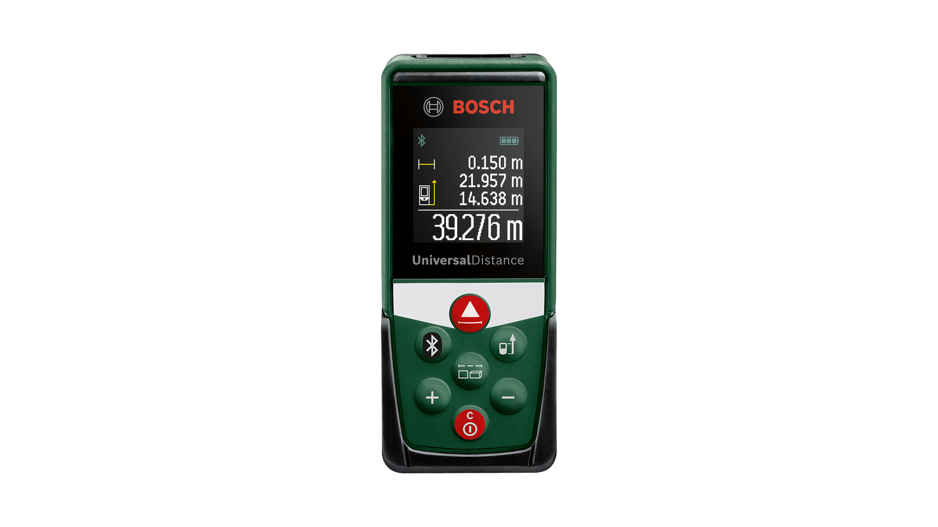 Ölçümleri gösteren dijital ekrana sahip yeşil Bosch UniversalDistance ölçüm cihazı.