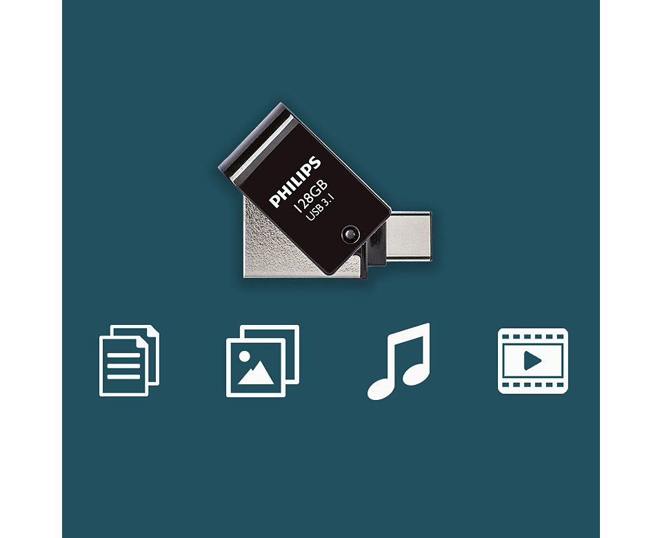 Ein schwarzer 128GB USB 3.1 Stick von Philips, daneben Symbole für Dokumente, Bilder, Musik und Video.
