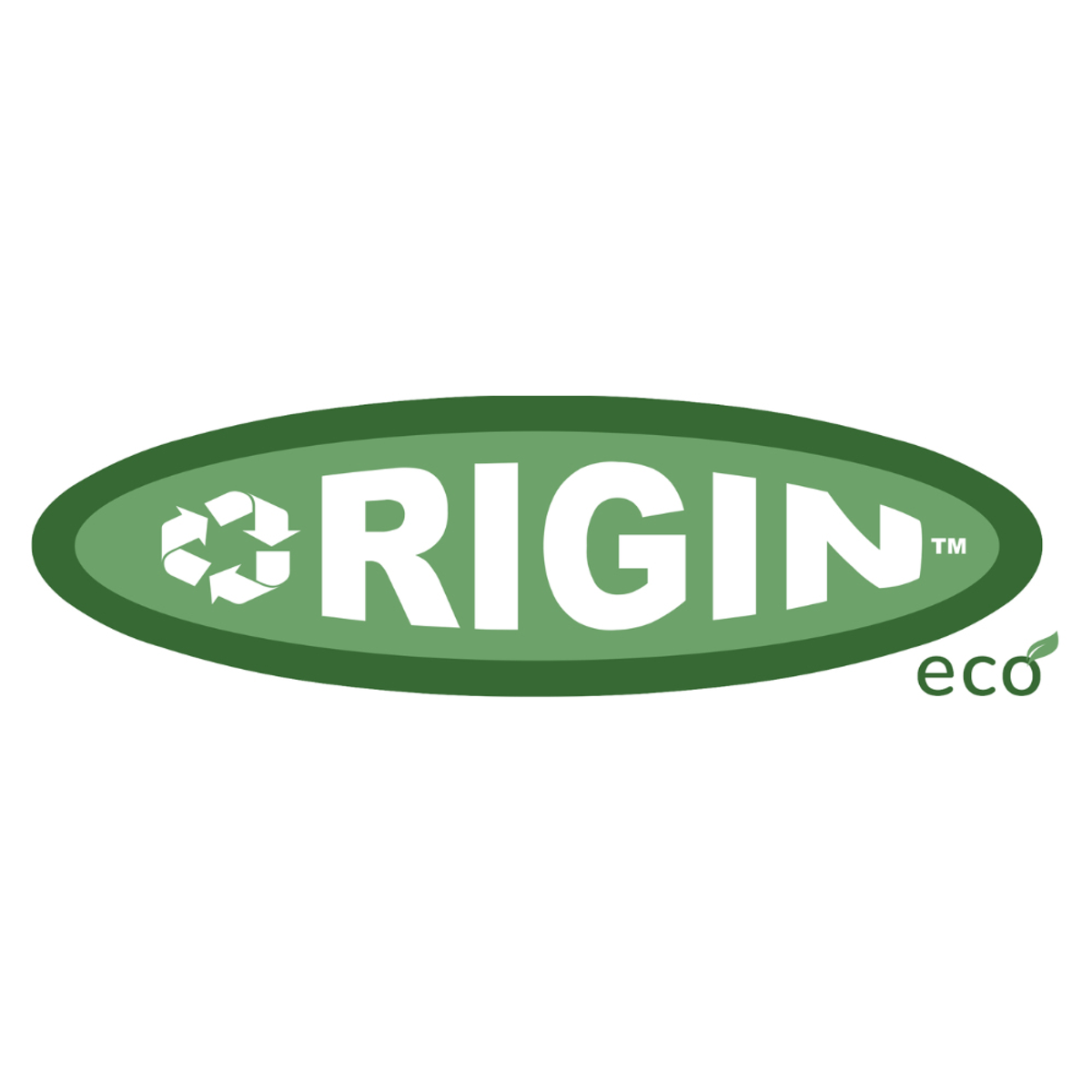 Óvalo verde con la palabra ORIGIN y un símbolo de reciclaje.