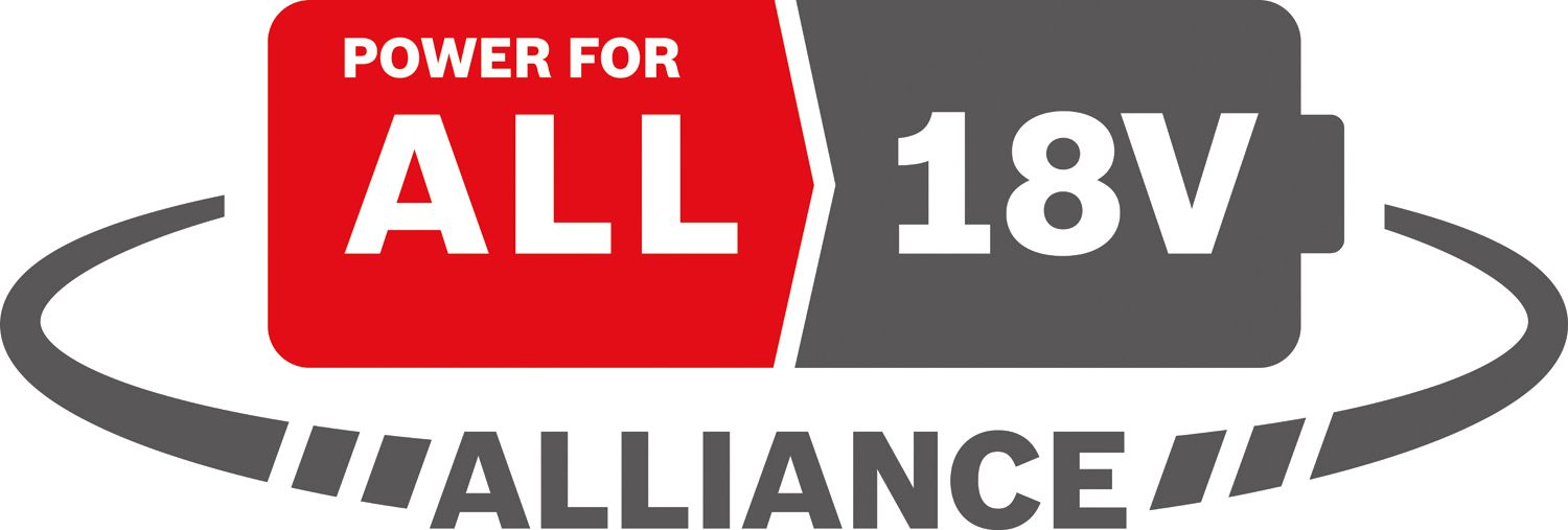 Logo mit 'Power for ALL' auf rotem Grund und '18V' auf grauem Grund.