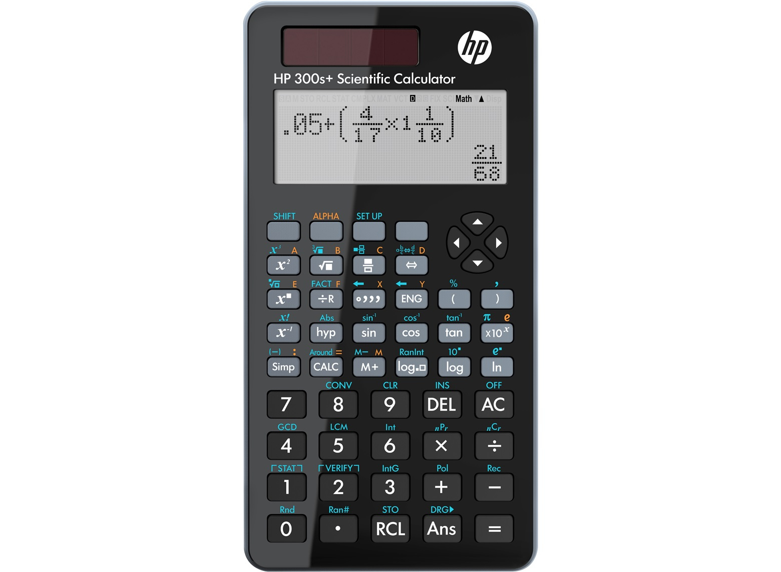 Calculadora científica HP 300s+ negra con pantalla mostrando una ecuación matemática.