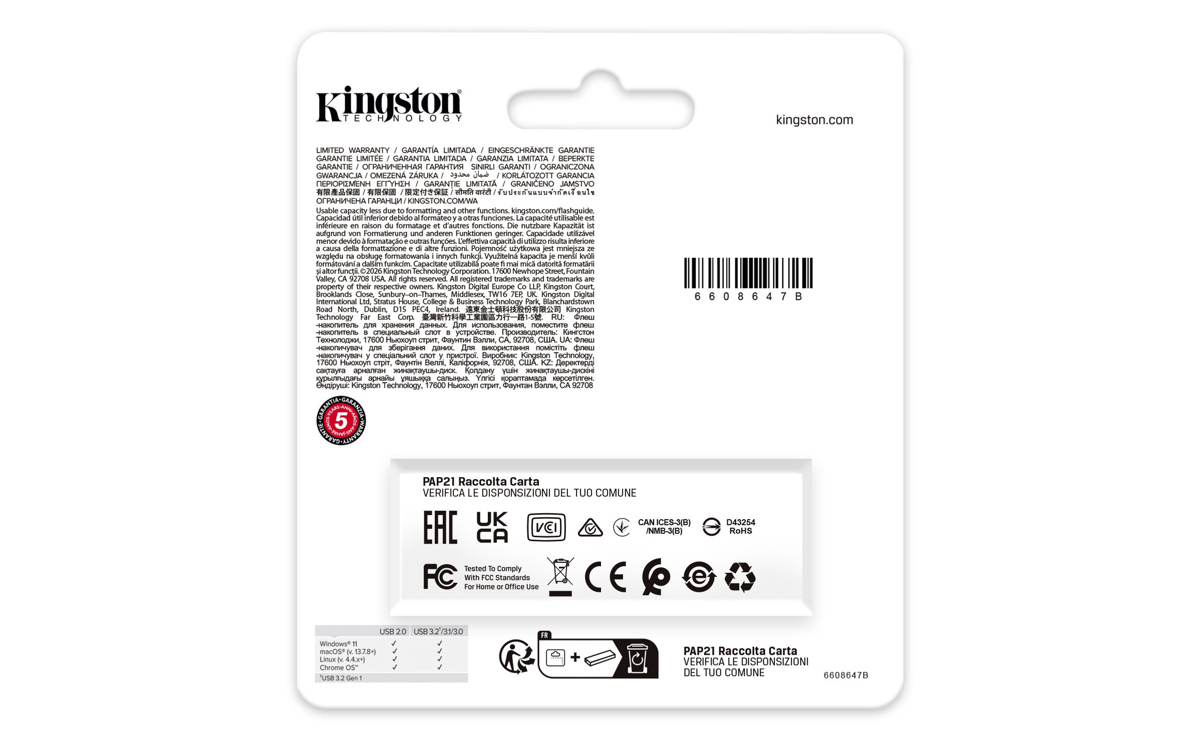 Confezione Kingston chiavetta USB con codice a barre, sigillo garanzia e marchi.