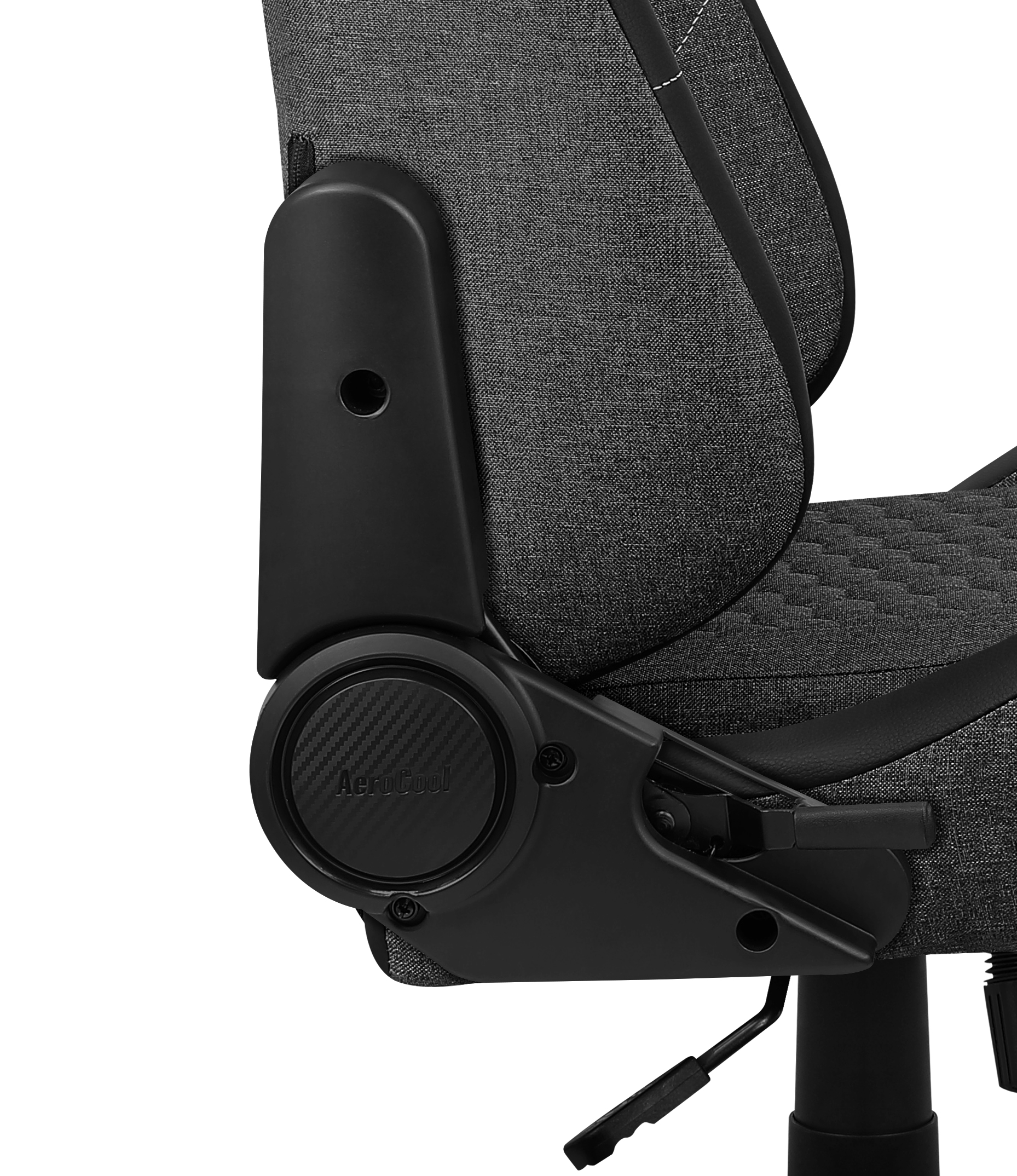 Zbliżenie czarnego mechanizmu krzesła z szarą tapicerką i detalami z włókna węglowego.