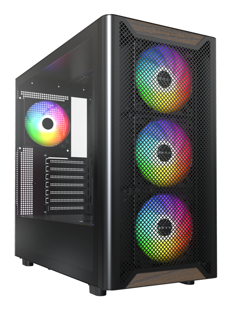 Ein schwarzes Computergehäuse mit RGB-Lüftern und Glasfenster.