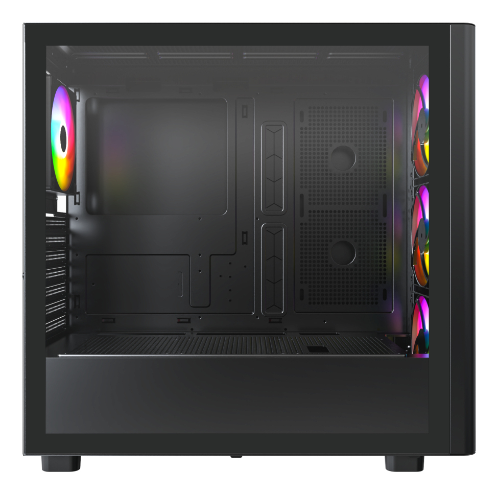 Schwarzes PC-Gehäuse mit RGB-Lüftern und Glasfenster.
