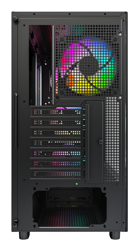 Rückseite eines schwarzen Computergehäuses mit RGB-Lüfter und Lüftungsschlitzen.