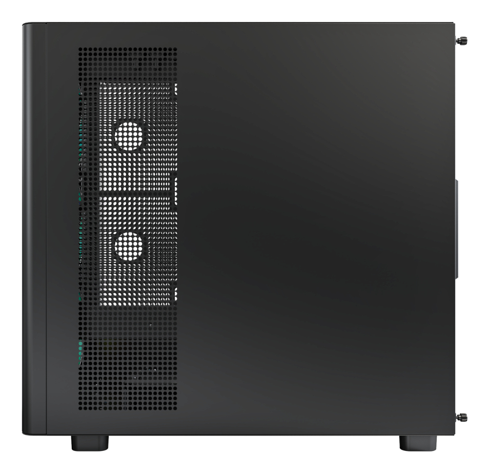 Ein schwarzer Computergehäuse mit Lüftungsgitter und sichtbaren Komponenten.