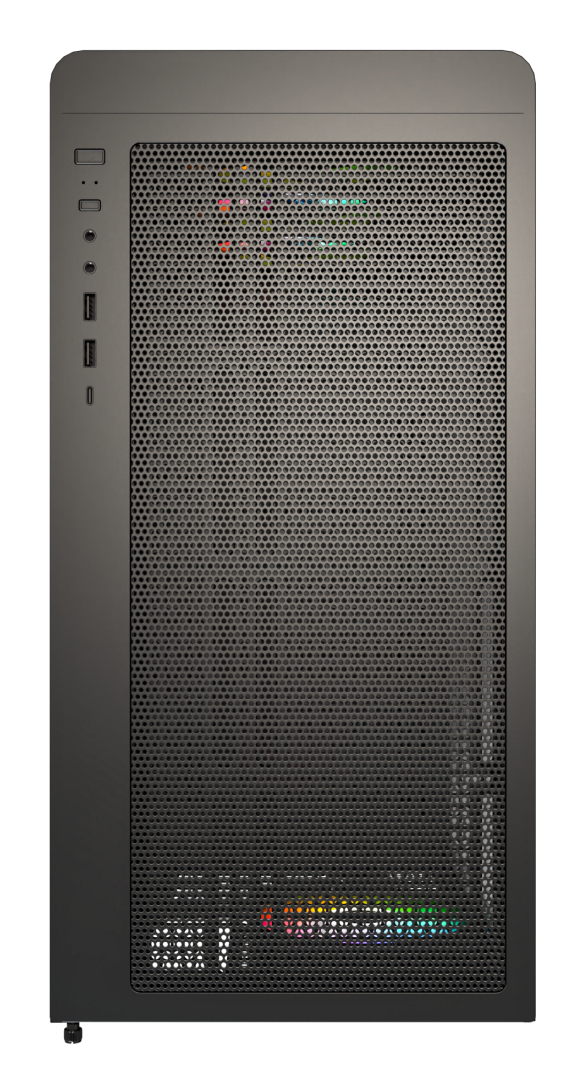 Schwarzer Computerturm mit Frontgitter, USB-Anschlüssen und sichtbarer RGB-Beleuchtung.