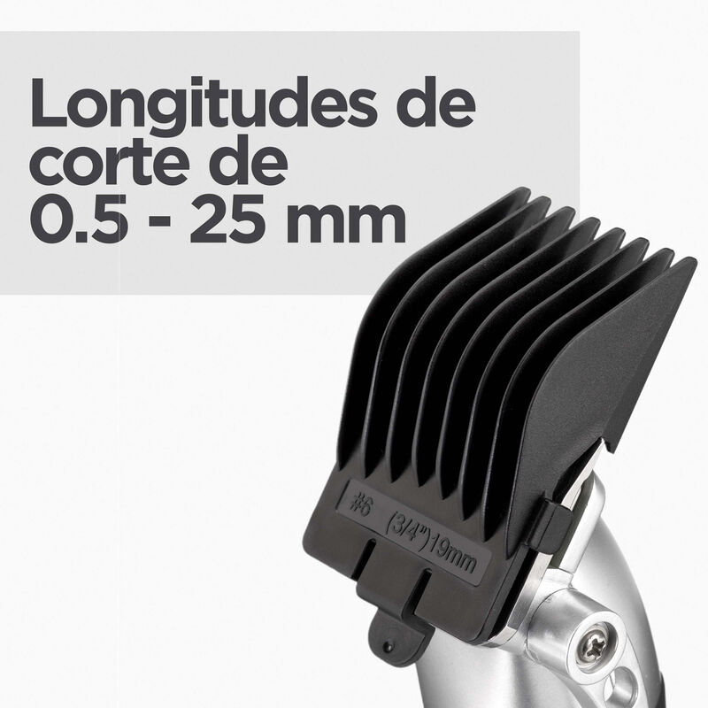 Nahaufnahme eines schwarzen Haarschneideaufsatzes mit der Nummer 6 (3/4 Zoll, 19 mm) und Text.