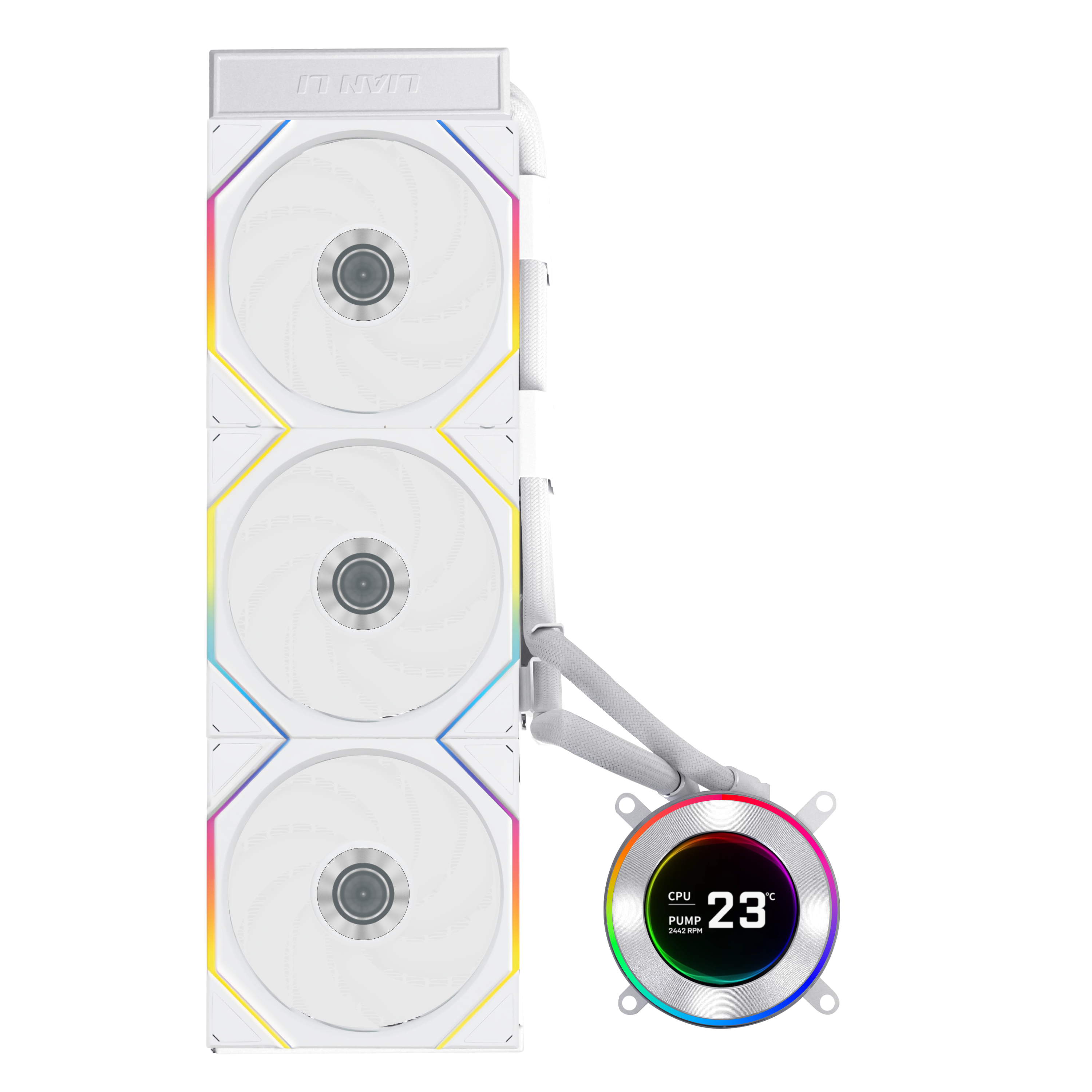 Un dissipatore CPU bianco con tre ventole, illuminazione RGB e display rotondo.