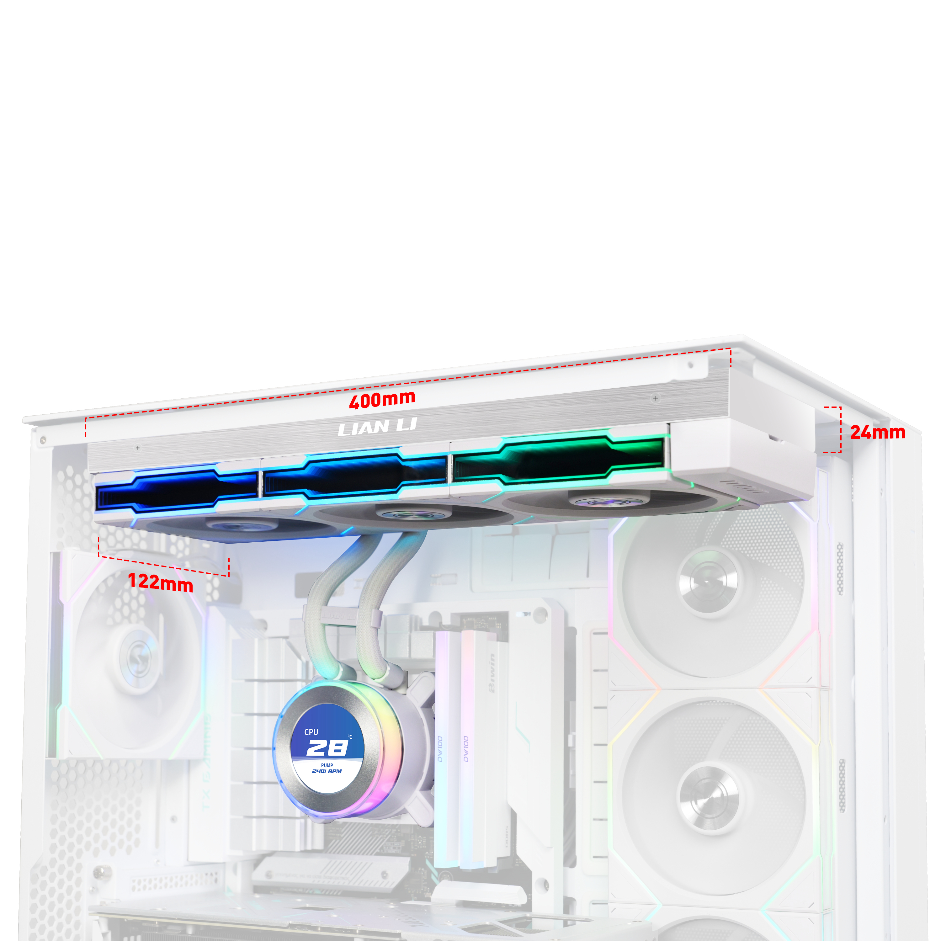 Un case PC bianco con ventole, raffreddamento a liquido ed etichette dimensionali.