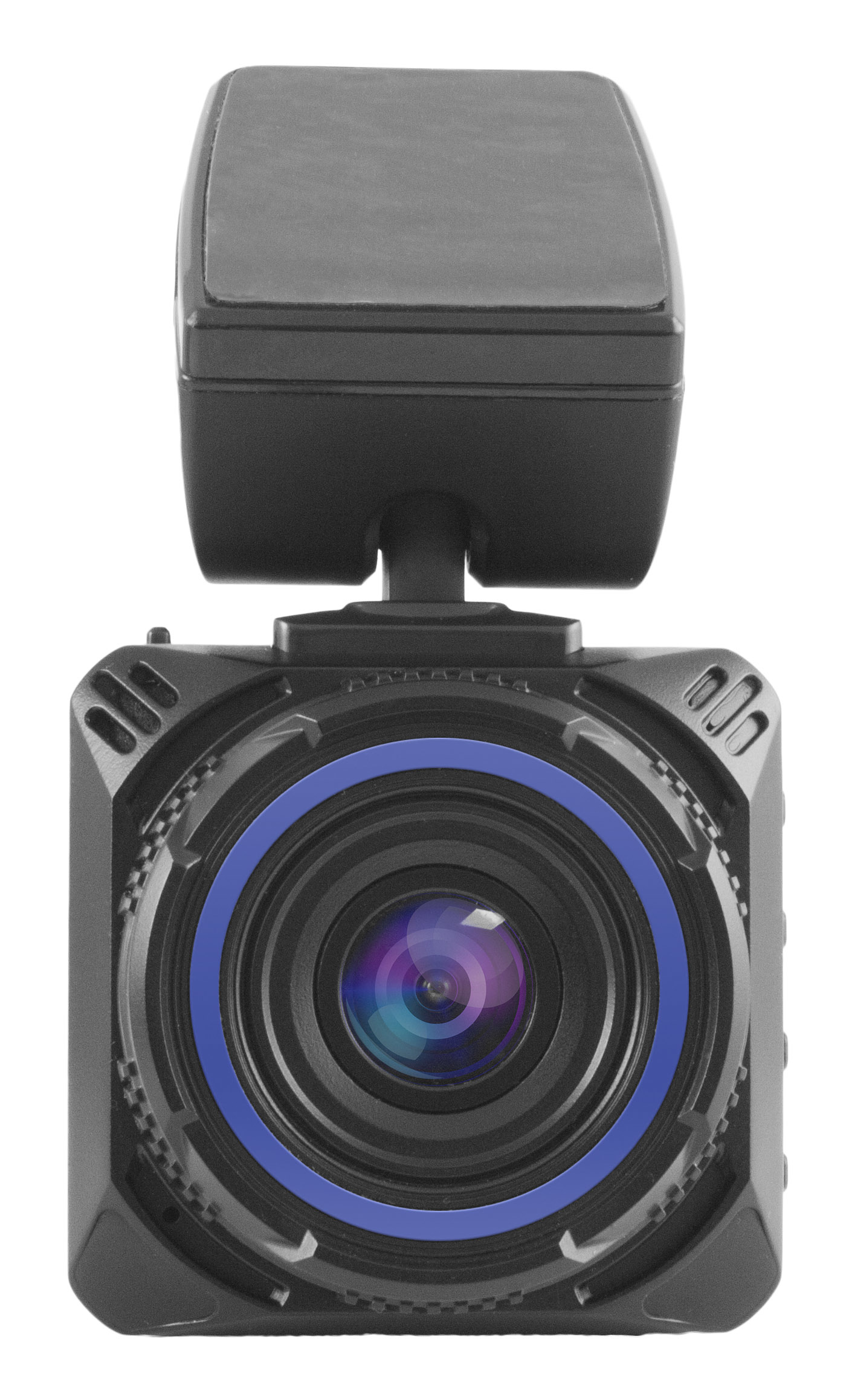 Eine schwarze Dashcam mit einem blauen Ring um das Objektiv, freigestellt.