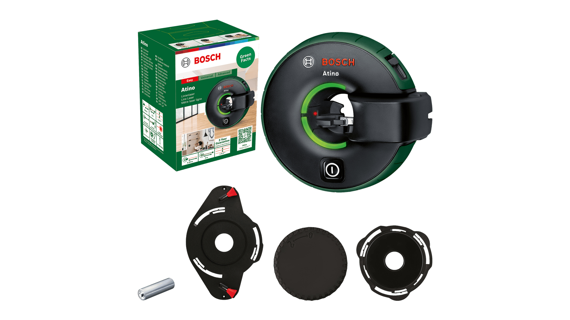 Bosch Atino Linienlaser mit Zubehör: Gerät, Verpackung, Adapter und Batterie.