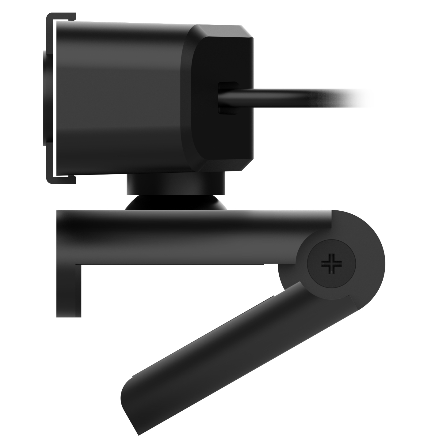 Webcam nera con braccio regolabile e connessione cavo.