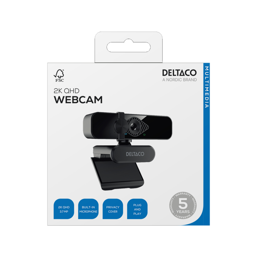 Confezione di una webcam Deltaco 2K QHD con 5 anni di garanzia.