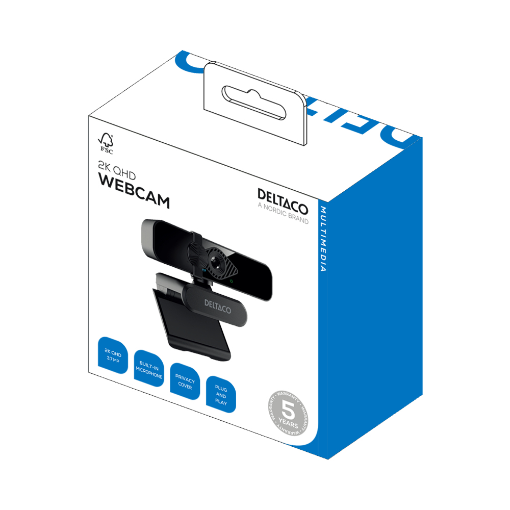 Scatola di una webcam DELTACO 2K QHD con microfono, copertura privacy e plug-and-play.