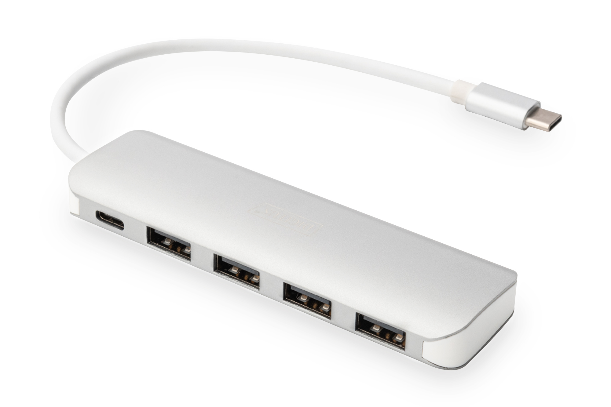 Ein silberner USB-C-Hub mit vier USB-A-Anschlüssen und einem USB-C-Anschluss.