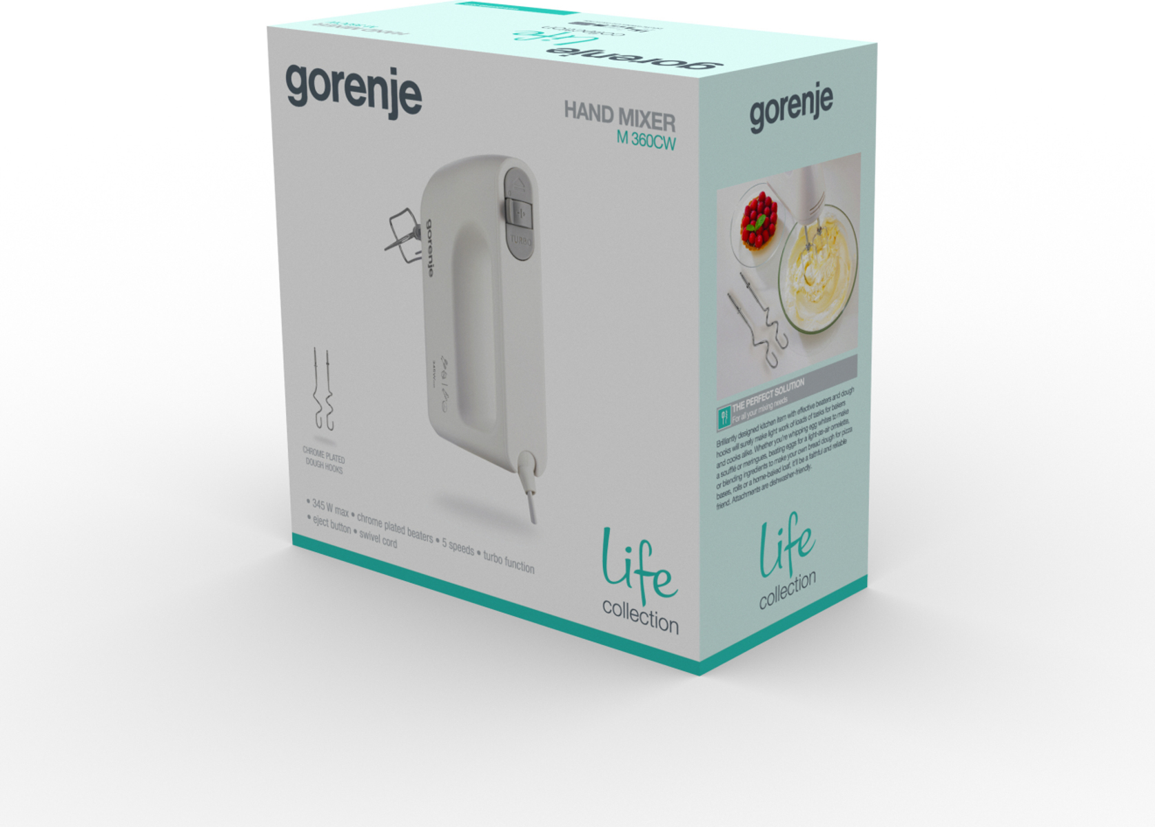 Weißer Gorenje Handmixer M 360CW mit Schneebesen, Knethaken und Schüssel.