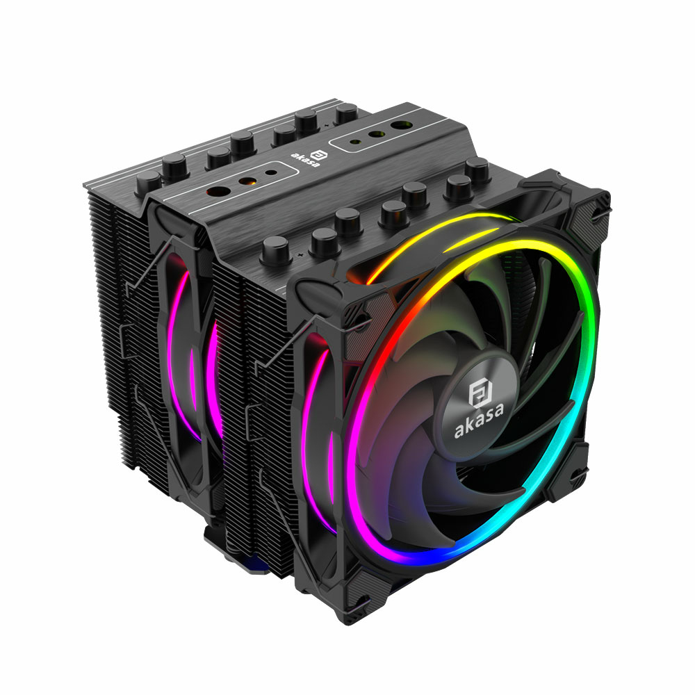 Dissipatore CPU nero con ventole RGB e alette in alluminio.