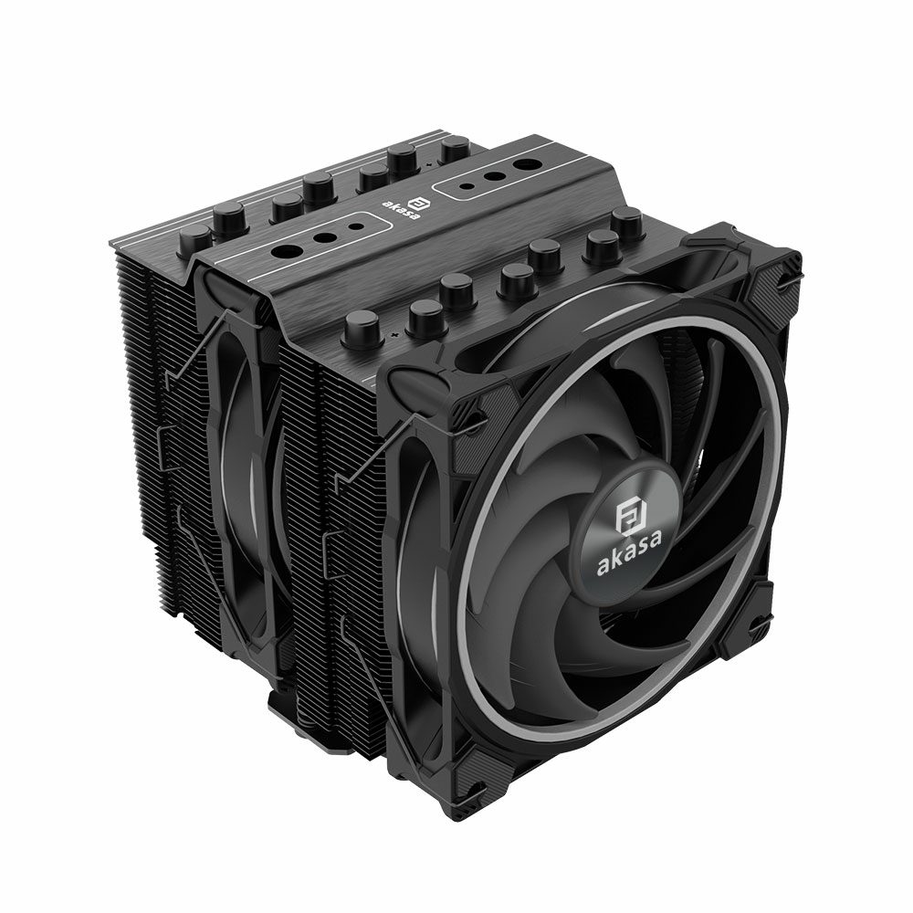 Dissipatore CPU nero con ventole e dissipatori, logo Akasa.