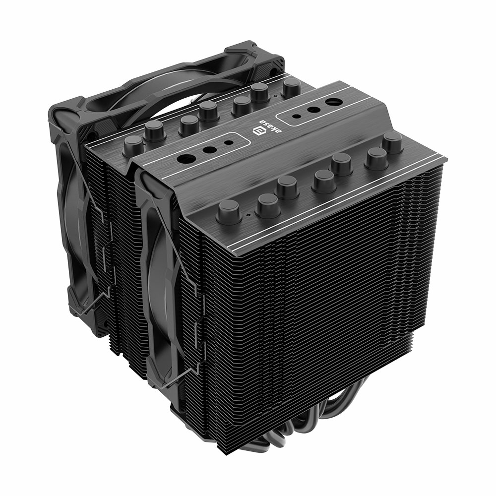 Un dissipatore per CPU a doppia torre nero con due ventole e alette in alluminio.