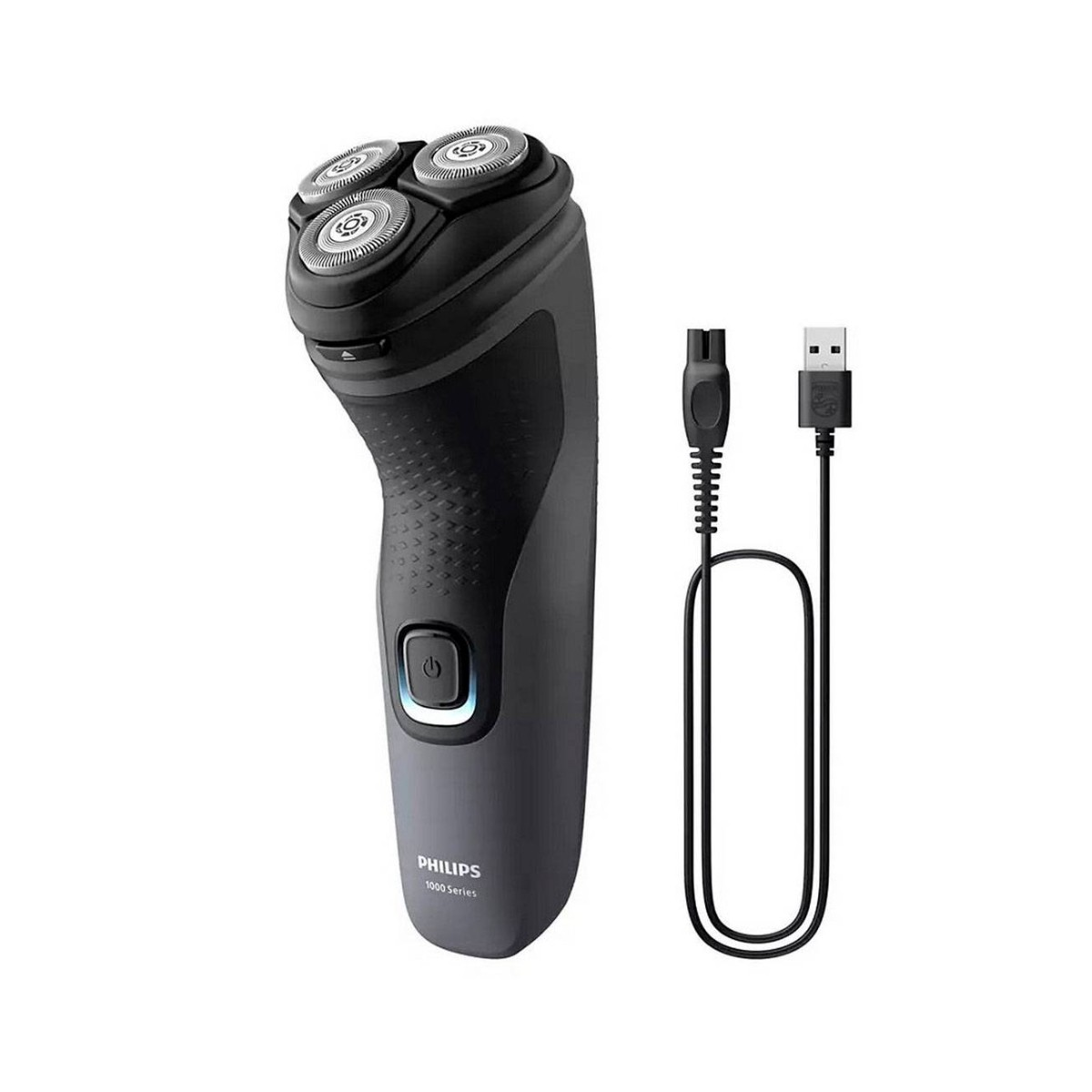 Una afeitadora eléctrica Philips negra con cable de carga USB sobre fondo blanco.