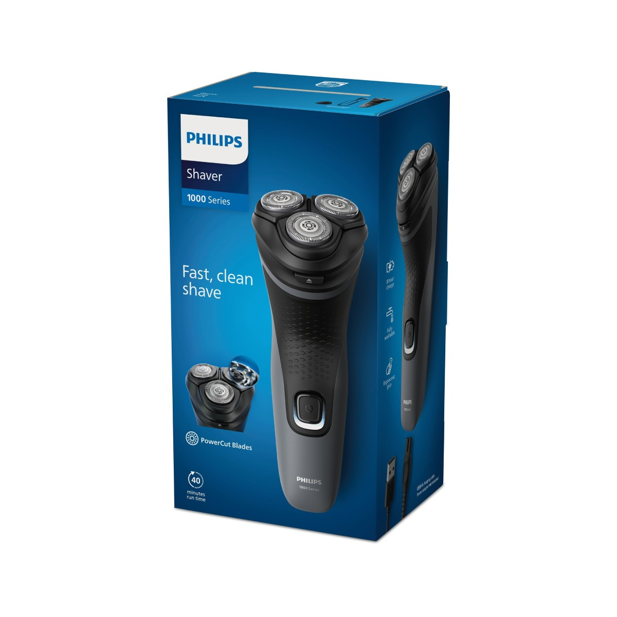 Philips Afeitadora Serie 1000 en caja azul con texto e imágenes.