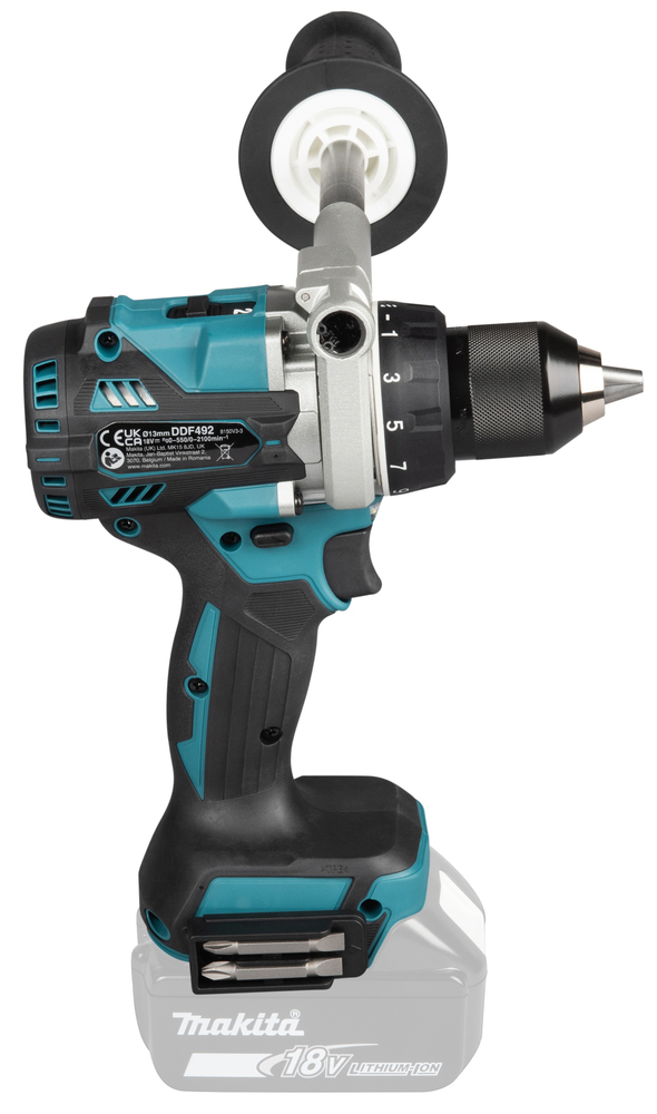 Un trapano a batteria Makita blu e nero con manico ausiliario.